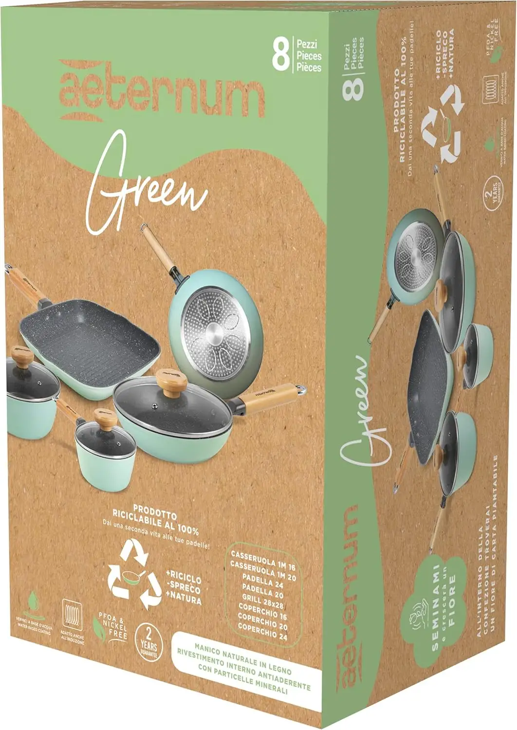 Image of Aeternum Verde Induction Wood Batteria 8 Pezzi Padelle Antiaderenti Adatto a Induzione 100% materiali riciclabilicod077