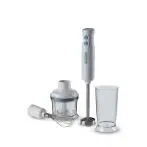 Ariete 601 Frullatore a Immersione con tritatutto, 700 W, 2 velocità, Lama in acciaio inox, Gamba removibile, Bicchiere trasparente, Bianco & Celeste