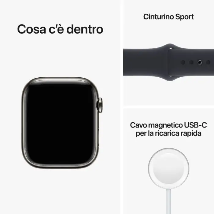 Apple Watch Series 8 GPS + Cellular 45mm Cassa in Acciaio Inossidabile color Grafite con Cinturino Sport Band Mezzanotte - Regular , 144356 , Immagine 9