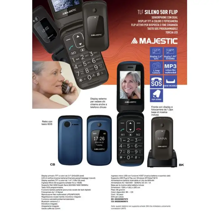 New Majestic Sileno 50R Flip 6,1 cm (2.4&quot;) 90 g Nero Telefono per anziani , 123241 , Immagine 3
