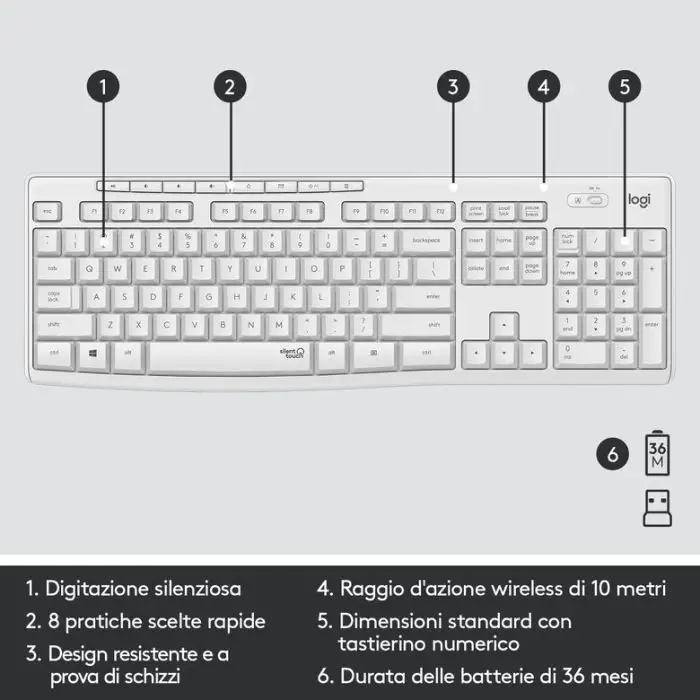 Logitech MK295 Kit Mouse e Tastiera Wireless – Tecnologia SilentTouch, Tastierino Numerico, Tasti Scelta Rapida, Tracciamento Ottico Avanzato, Ricevitore USB Nano, Senza Lag, Meno 90% di Rum , 141809 , Immagine 7