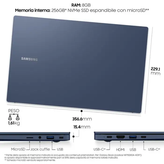 Samsung Galaxy Book , 15.6”, Windows 11 ready, Intel Core i3, 8 GB RAM, 256 GB SSD, Denim Blue , 136689 , Immagine 5