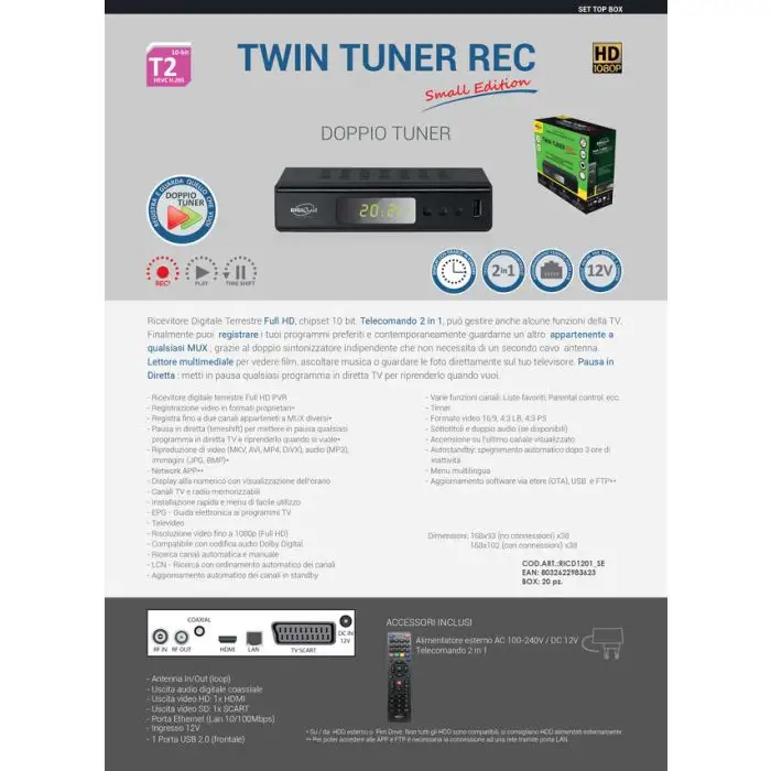 Digiquest Twin Tuner Small Edition Ethernet (RJ-45), Terrestre Full HD Nero , 139133 , Immagine 3