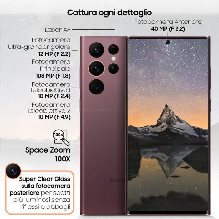 Samsung Galaxy S22 Ultra 5G Display 6.8&#039;&#039; Dynamic AMOLED 2X, 5 fotocamere, RAM 12 GB, 256 GB, 5.000mAh, Burgundy , 140215 , Immagine 7
