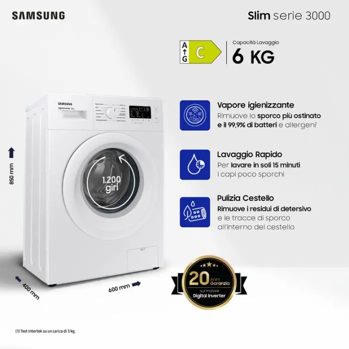 Samsung WW60A3120WE/ET lavatrice slim a caricamento frontale 6 kg Classe C 1200 giri/min, Porta bianca + Panel bianco , 151575 , Immagine 2
