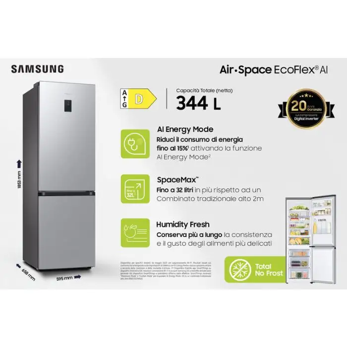 Samsung Frigorifero Combinato EcoFlex AI 1.85m 344L RB34C672DSA , 157008 , Immagine 3