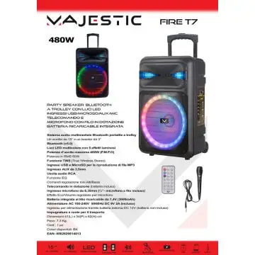 New Majestic Party Speaker A Trolley Bluetooth Con Luci LED, Ingressi USB/MicroSD/AUX/Mic, Telecomando E Microfono Con Filo In Dotazione, Batteria Ricaricabile Integrata , 146733